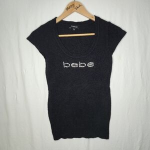 Bebe Ladies Black Cap Sleeved Sweater With BEBE Jewelled On Front Size Medium